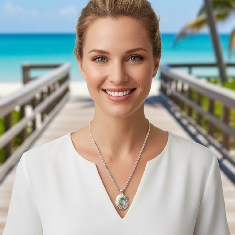 Vintage Silver Green Crystal Pendant Necklace